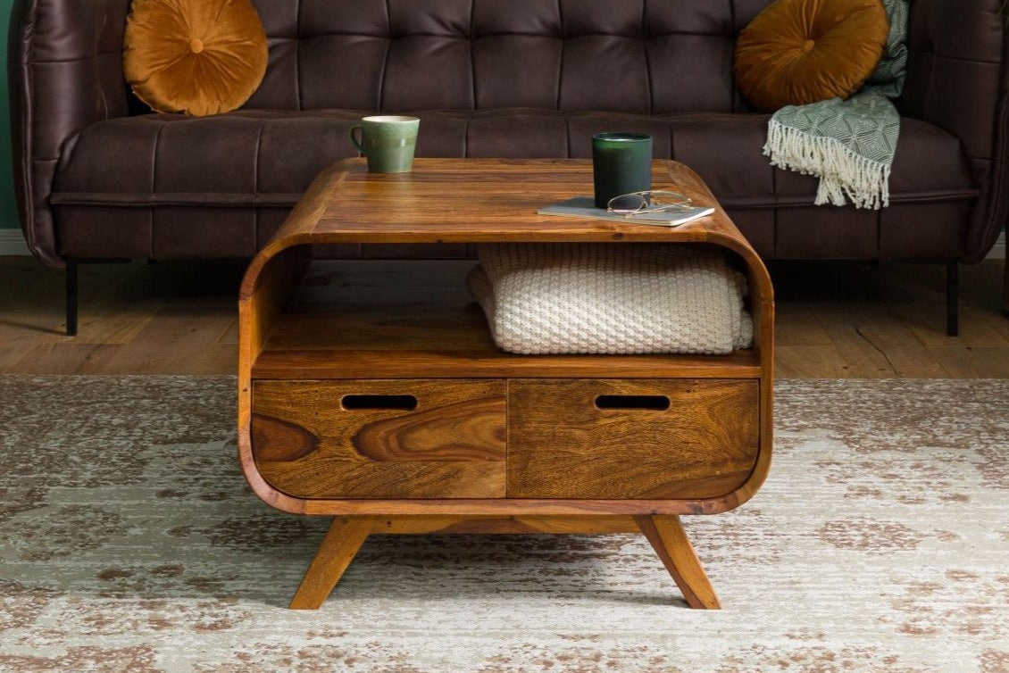 Zara Solid Mango Wood Two Drawer with Shelf Coffee Table In Provincial Teak Finish #015