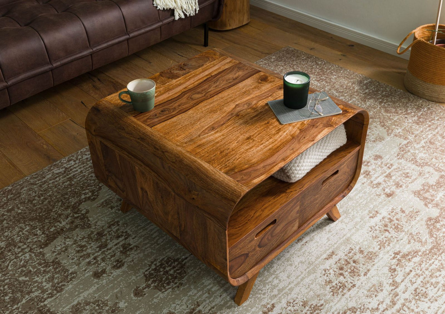 Zara Solid Mango Wood Two Drawer with Shelf Coffee Table In Provincial Teak Finish #015