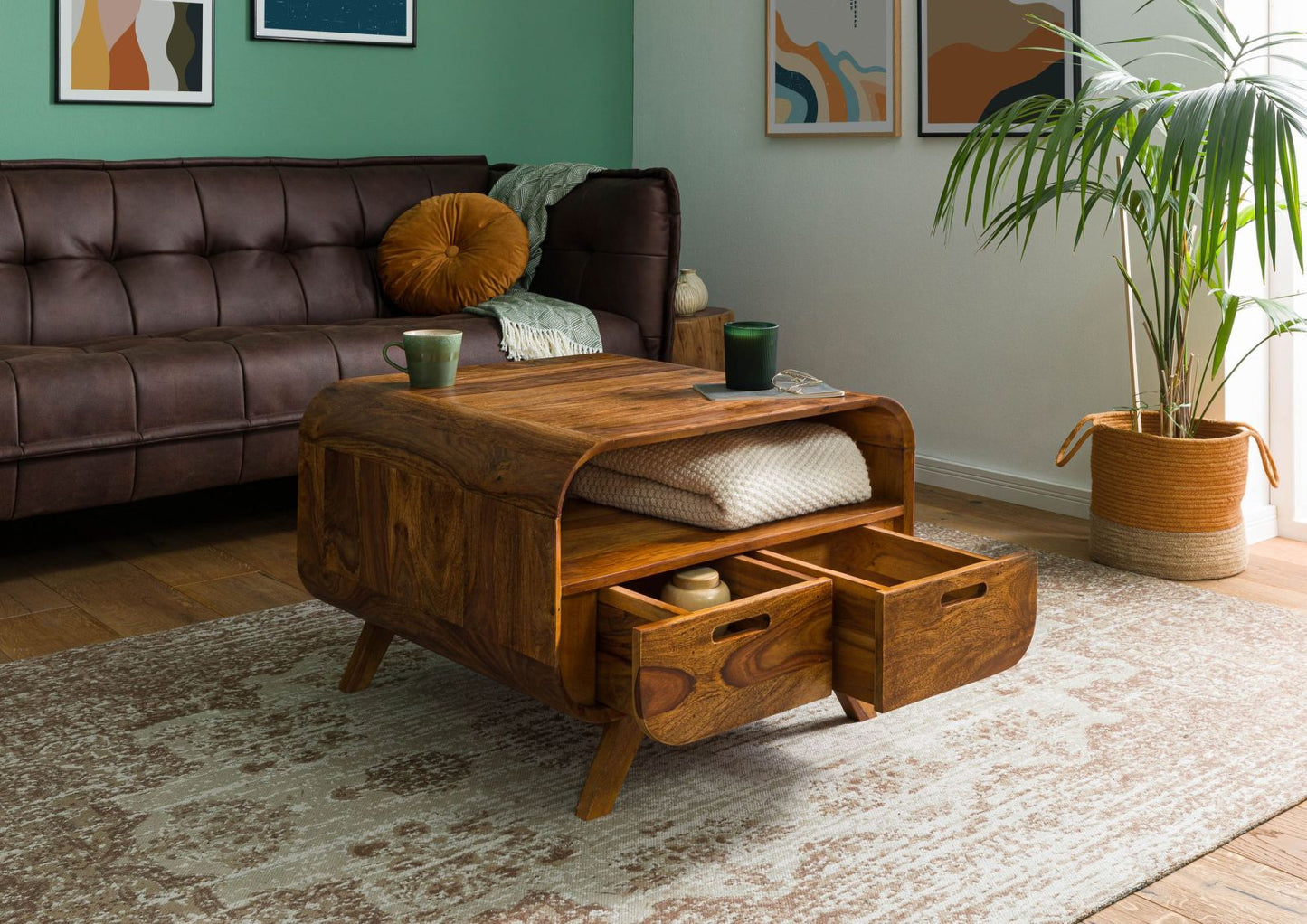Zara Solid Mango Wood Two Drawer with Shelf Coffee Table In Provincial Teak Finish #015