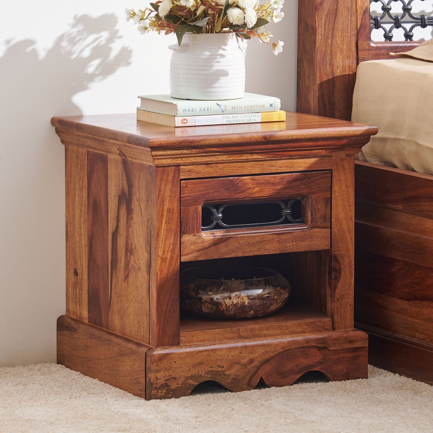 Helioc Kan Sheesham Wood Bed side Table In Provincial Teak Finish