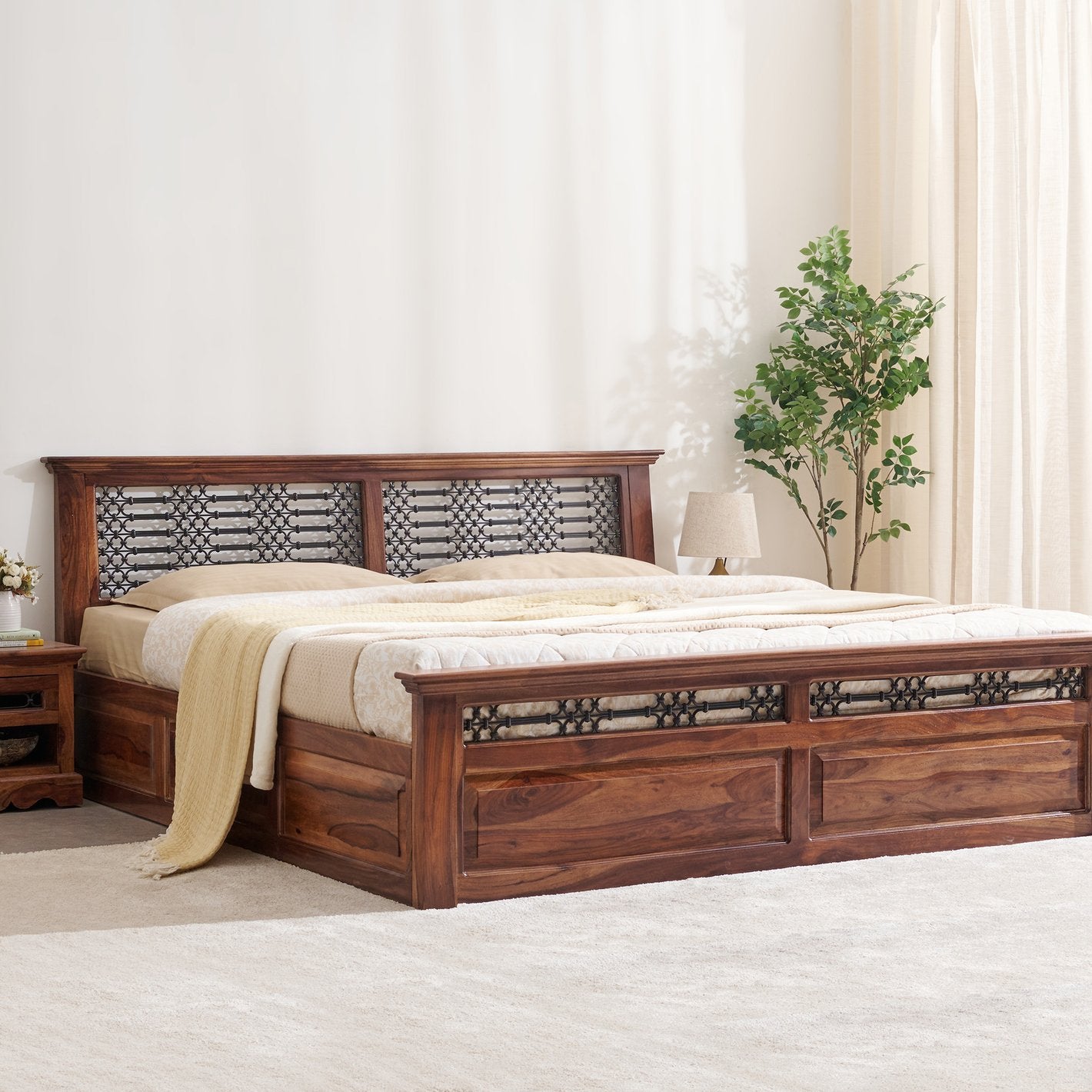 Helioc Kan Sheesham Wood king Size Box Bed In Provincial Teak Finish