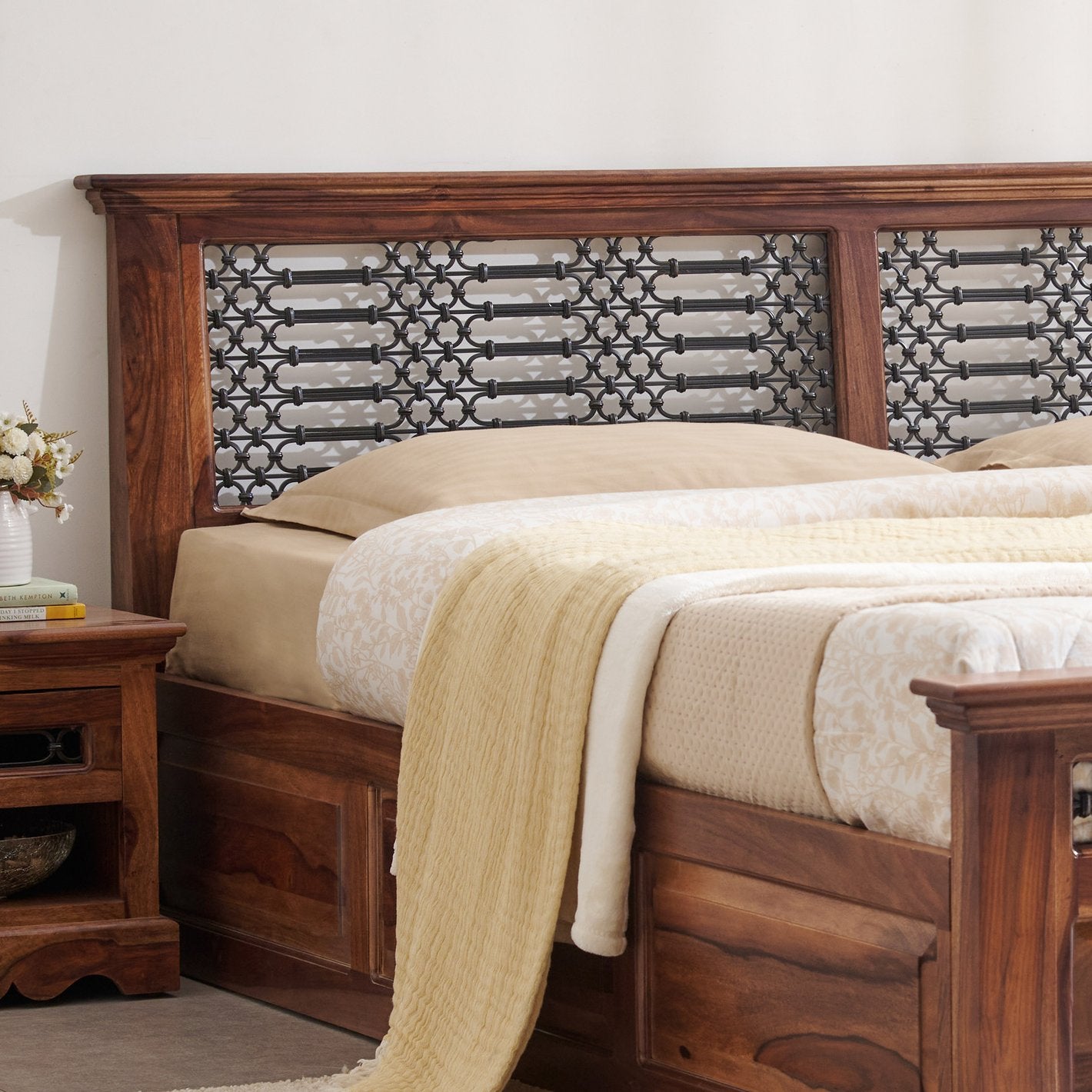 Helioc Kan Sheesham Wood king Size Box Bed In Provincial Teak Finish
