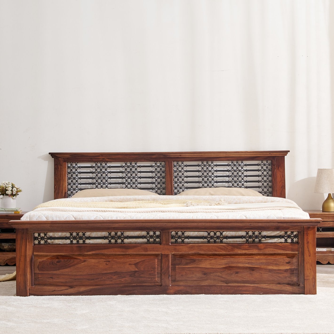 Helioc Kan Sheesham Wood king Size Box Bed In Provincial Teak Finish