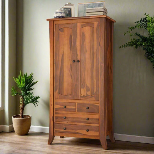 Royal Palace Wardrobe Solid Sheesham Wood Two Door With Four Drawers Drawers In Natural Finish For Bedroom Furniture
