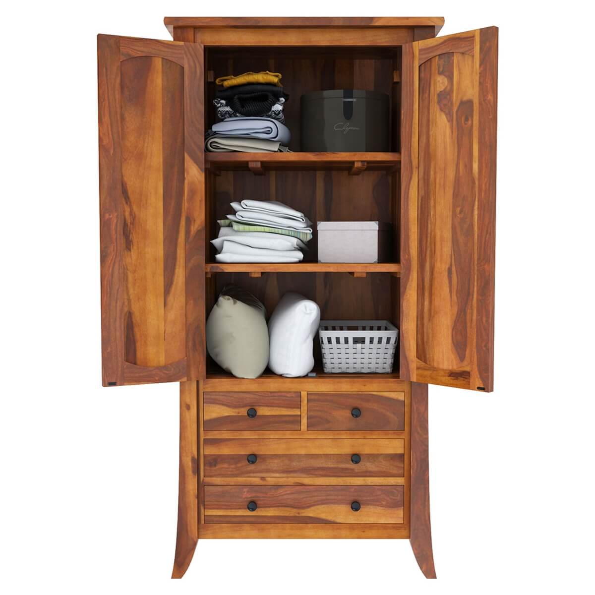 Royal Palace Wardrobe Solid Sheesham Wood Two Door With Four Drawers Drawers In Natural Finish For Bedroom Furniture