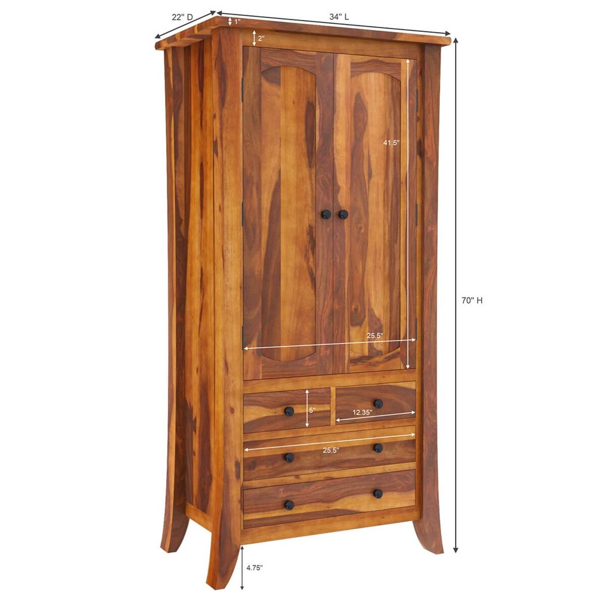 Royal Palace Wardrobe Solid Sheesham Wood Two Door With Four Drawers Drawers In Natural Finish For Bedroom Furniture