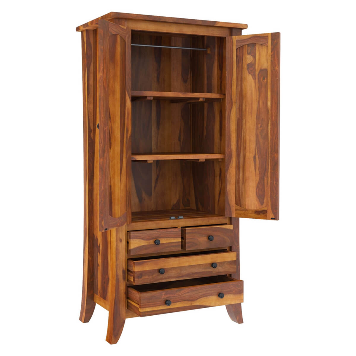 Royal Palace Wardrobe Solid Sheesham Wood Two Door With Four Drawers Drawers In Natural Finish For Bedroom Furniture