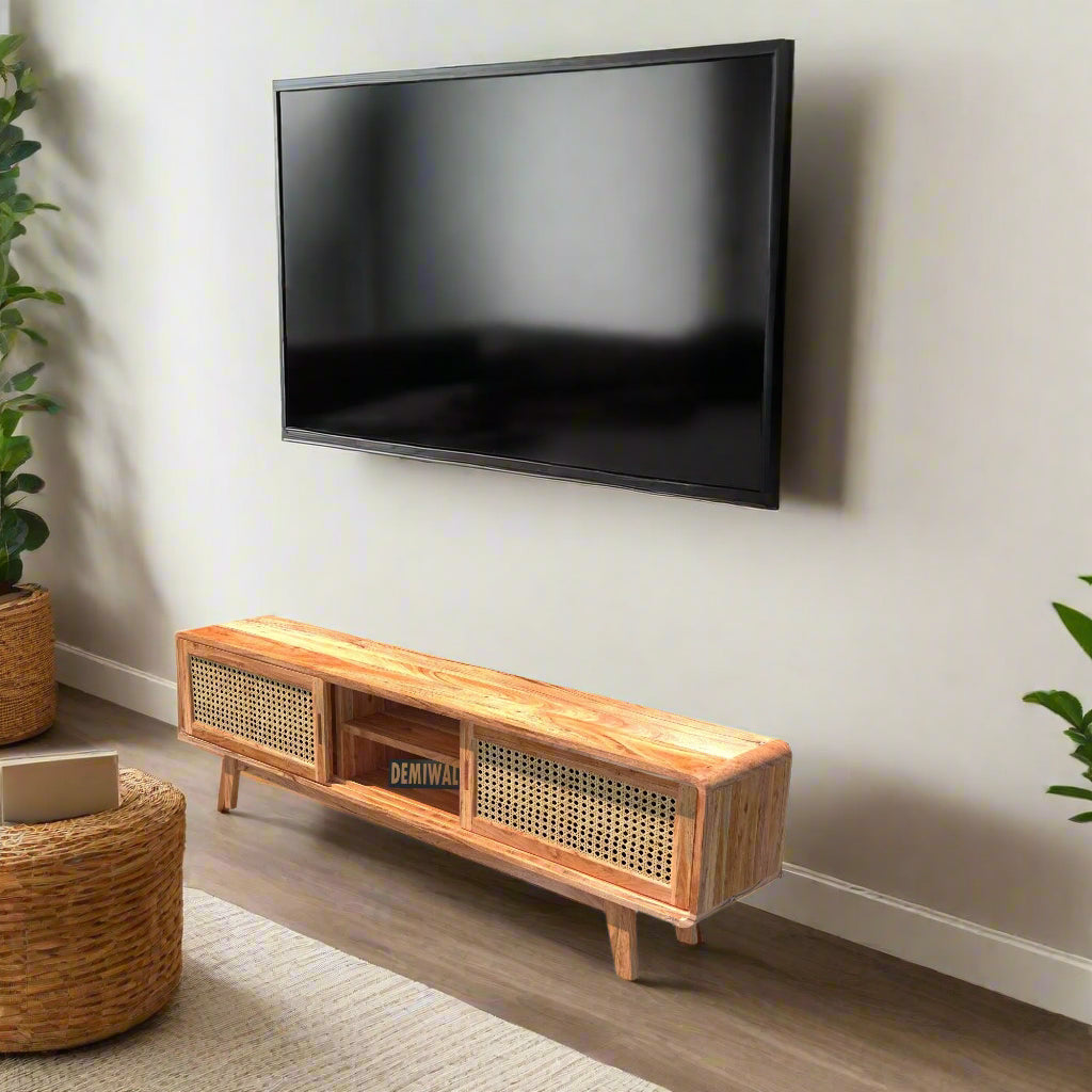 Eon Acacia Solid Wood Two Door Two Open Self Tv Cabinet In Netural Oak Finish