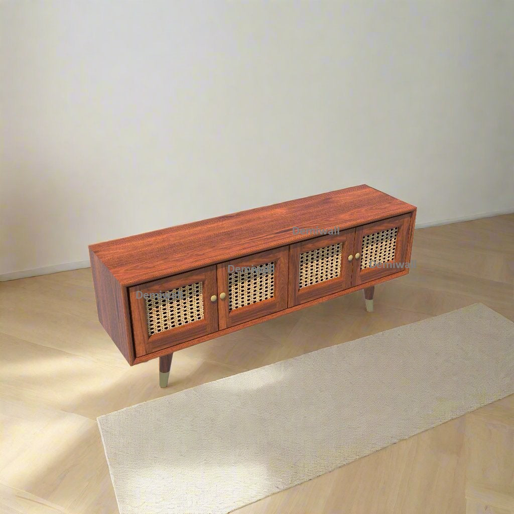 Wooden Tv Cabinet with 4 Door with Caning Design for Living Room (Honey Oak)
