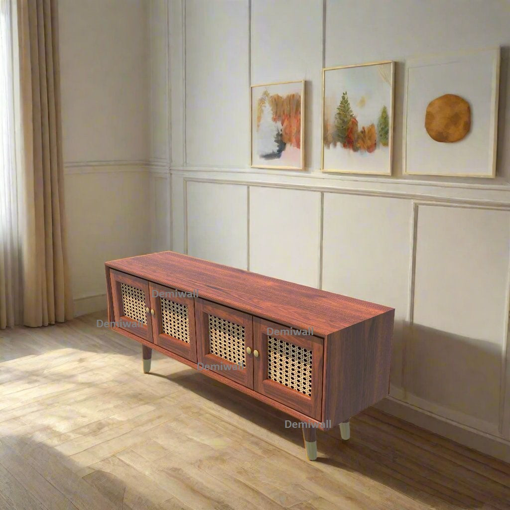 Wooden Tv Cabinet with 4 Door with Caning Design for Living Room (Honey Oak)