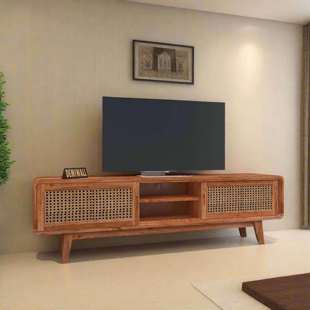 Eon Sheesham Wood Two Door Two Open Self Tv Cabinet In Honey Oak Finish