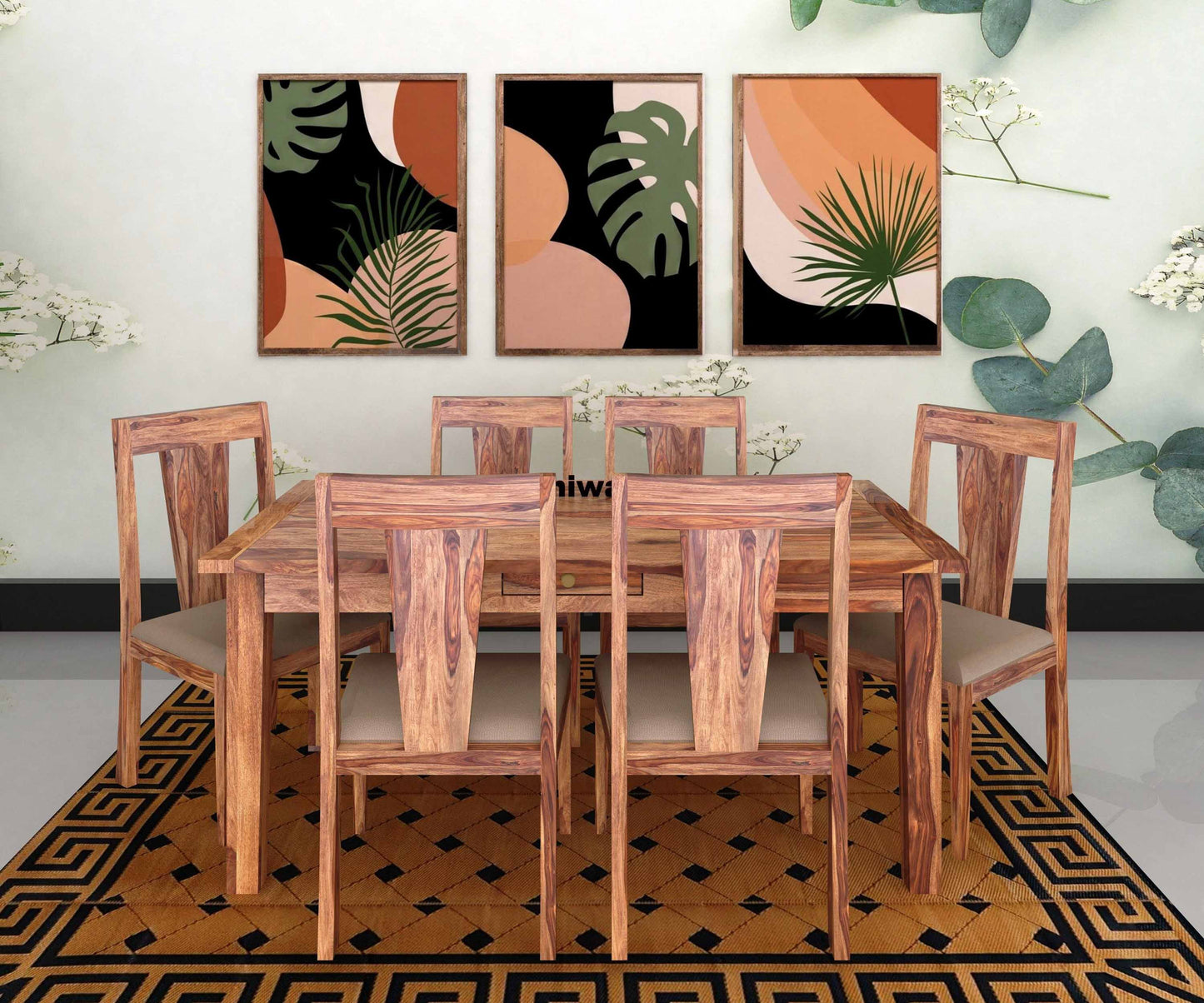 Sheesham Wood Six Seater Dining Set In Honey Oak Finish