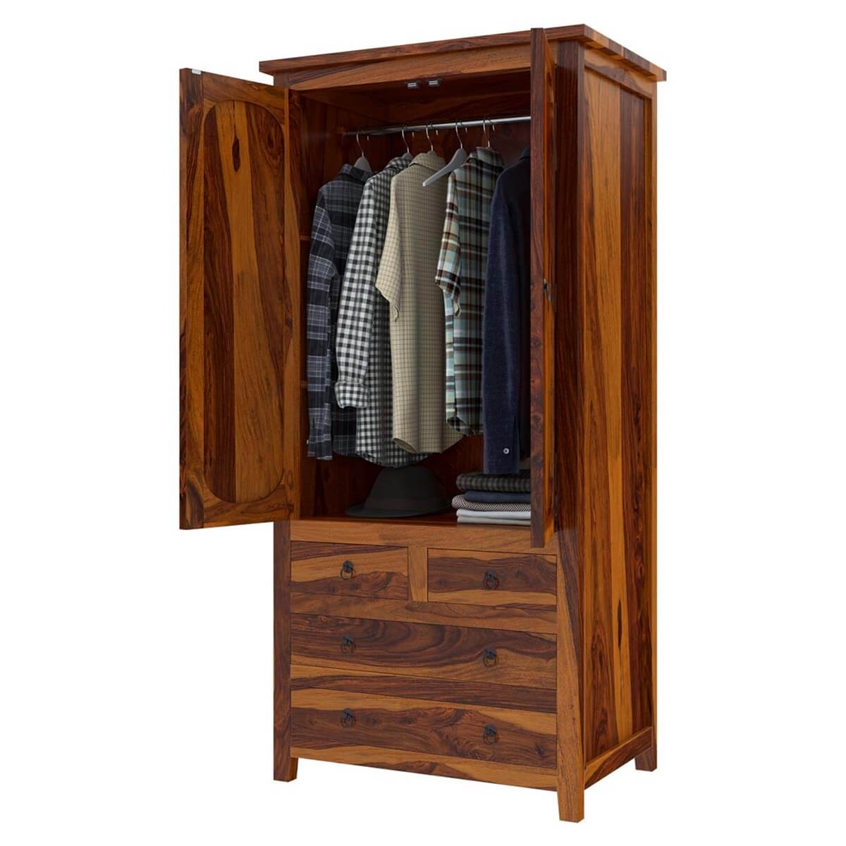 Royal Palace Wardrobe Solid Sheesham Wood Two Door Five Drawers In Natural Finish For Bedroom Furniture