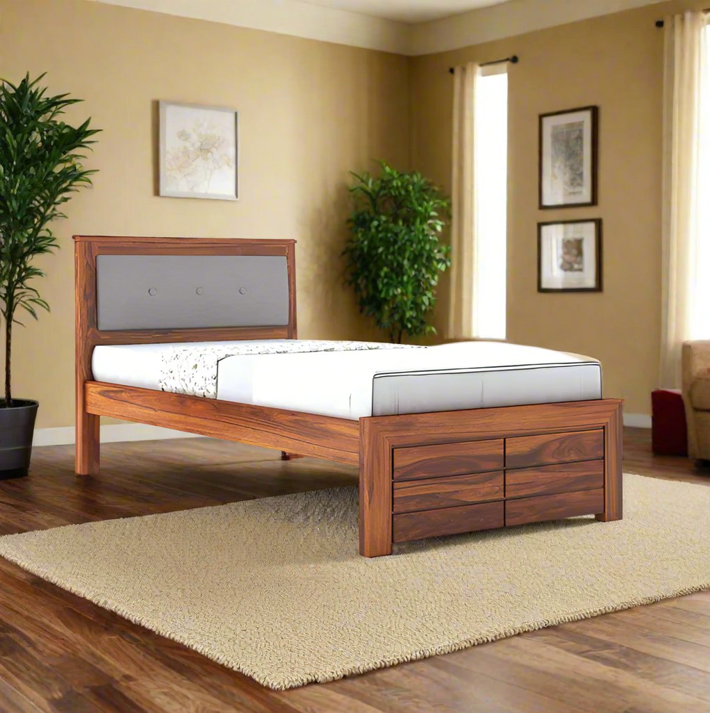 Solid Sheesham Wood Single Size Bed In Natural Finish For Bedroom Furniture