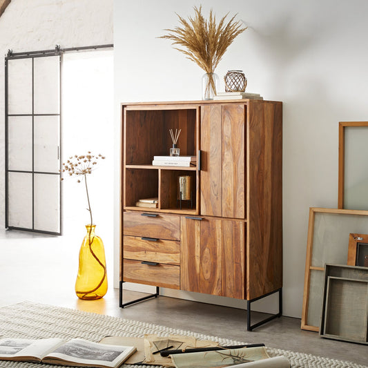 Solid Sheesham Wood Wardorbe With 3 Drawer Storage In Natural Finish