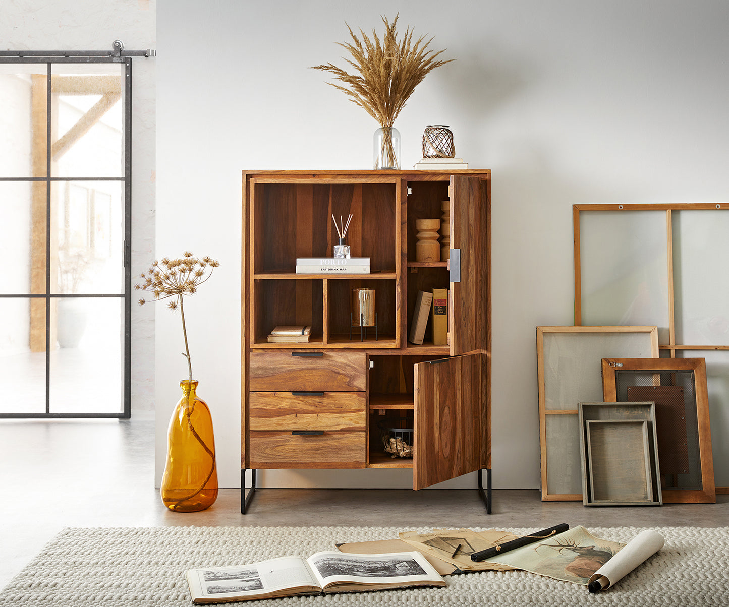 Solid Sheesham Wood Wardorbe With 3 Drawer Storage In Natural Finish