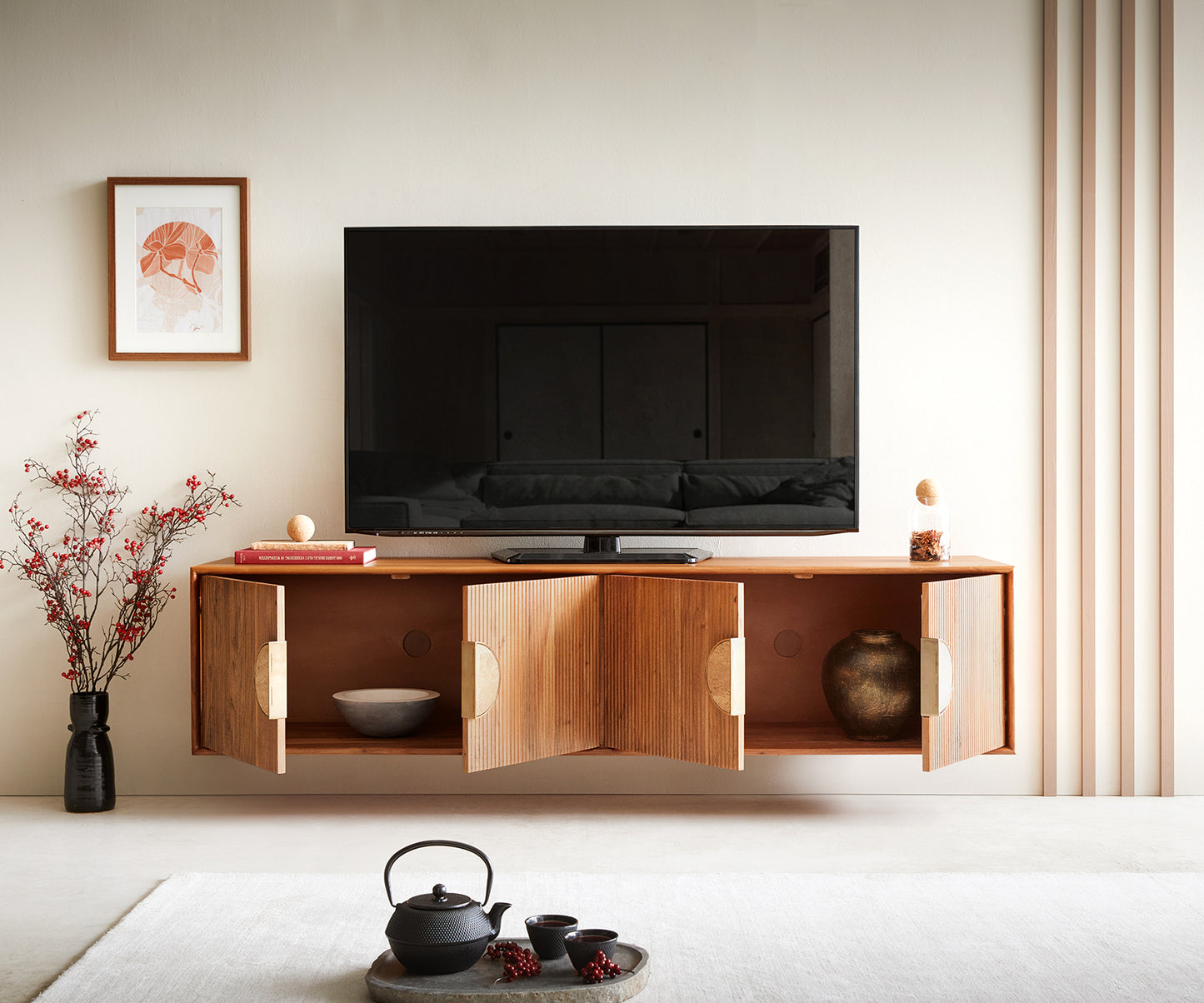 Pateri Solid Wood 4 Door Tv unit in Natural Finish