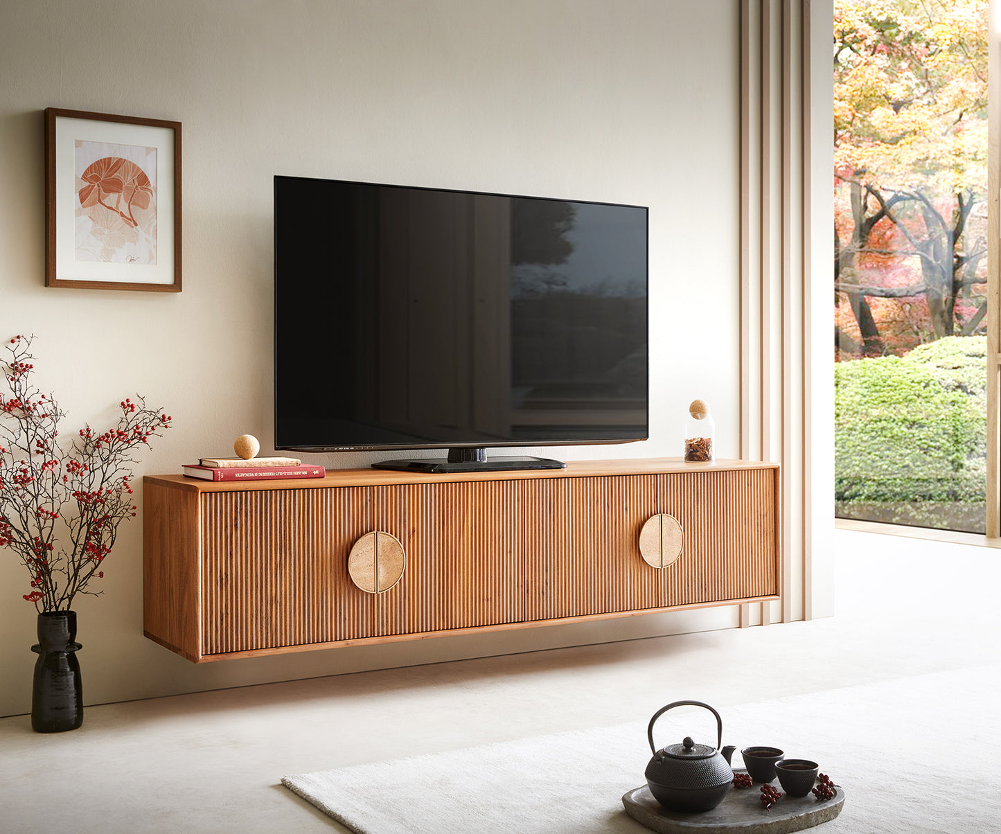 Pateri Solid Wood 4 Door Tv unit in Natural Finish