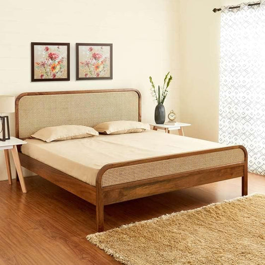 Solid Wood King Size Bed With Rattan Caning Designed In Natural Teak Finish