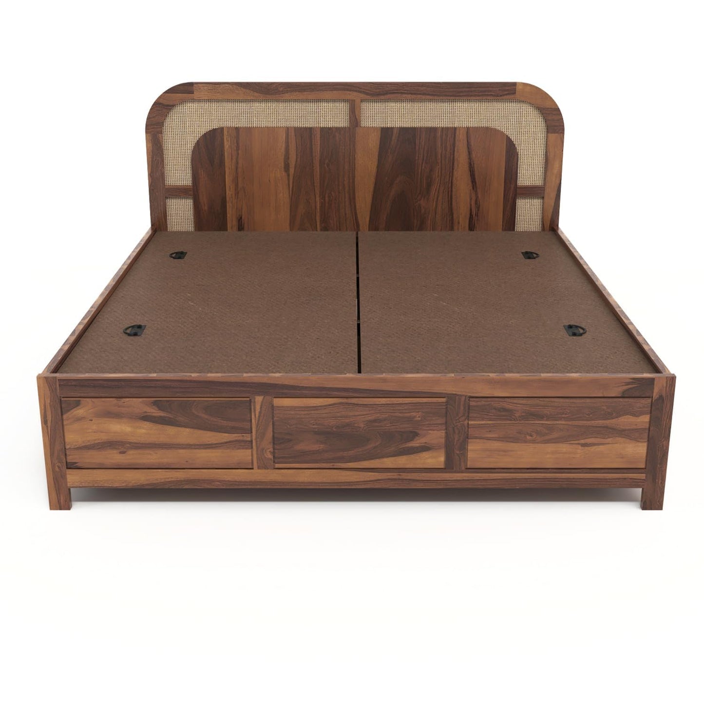 Sheesham Solid wood Rattan Cane King Size Box Storage Bed In Natural Teak Finish