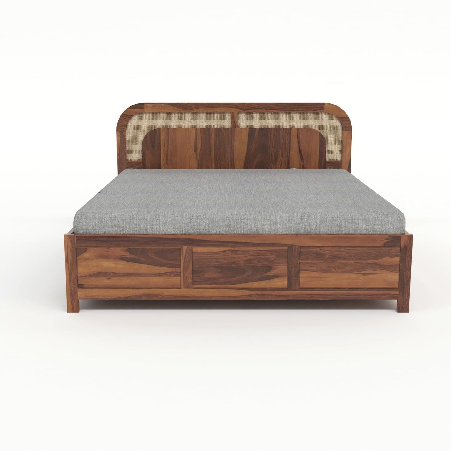 Sheesham Solid wood Rattan Cane King Size Box Storage Bed In Natural Teak Finish