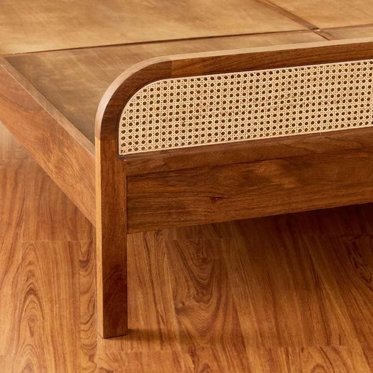 Solid Wood King Size Bed With Rattan Caning Designed In Natural Teak Finish
