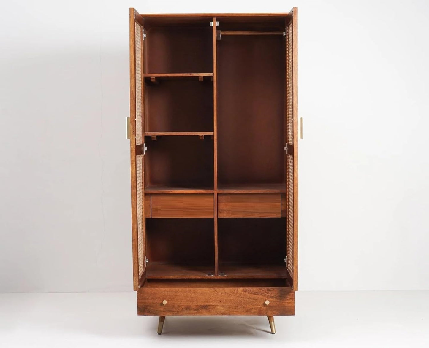 Solid Wood Rattan Cane Two Door Wardrobe In Teak Finish