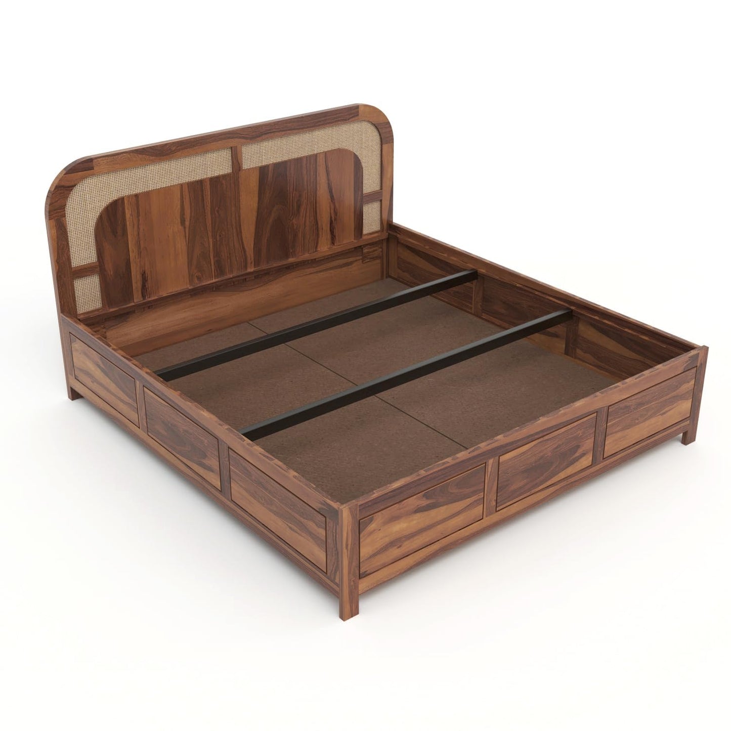 Sheesham Solid wood Rattan Cane King Size Box Storage Bed In Natural Teak Finish