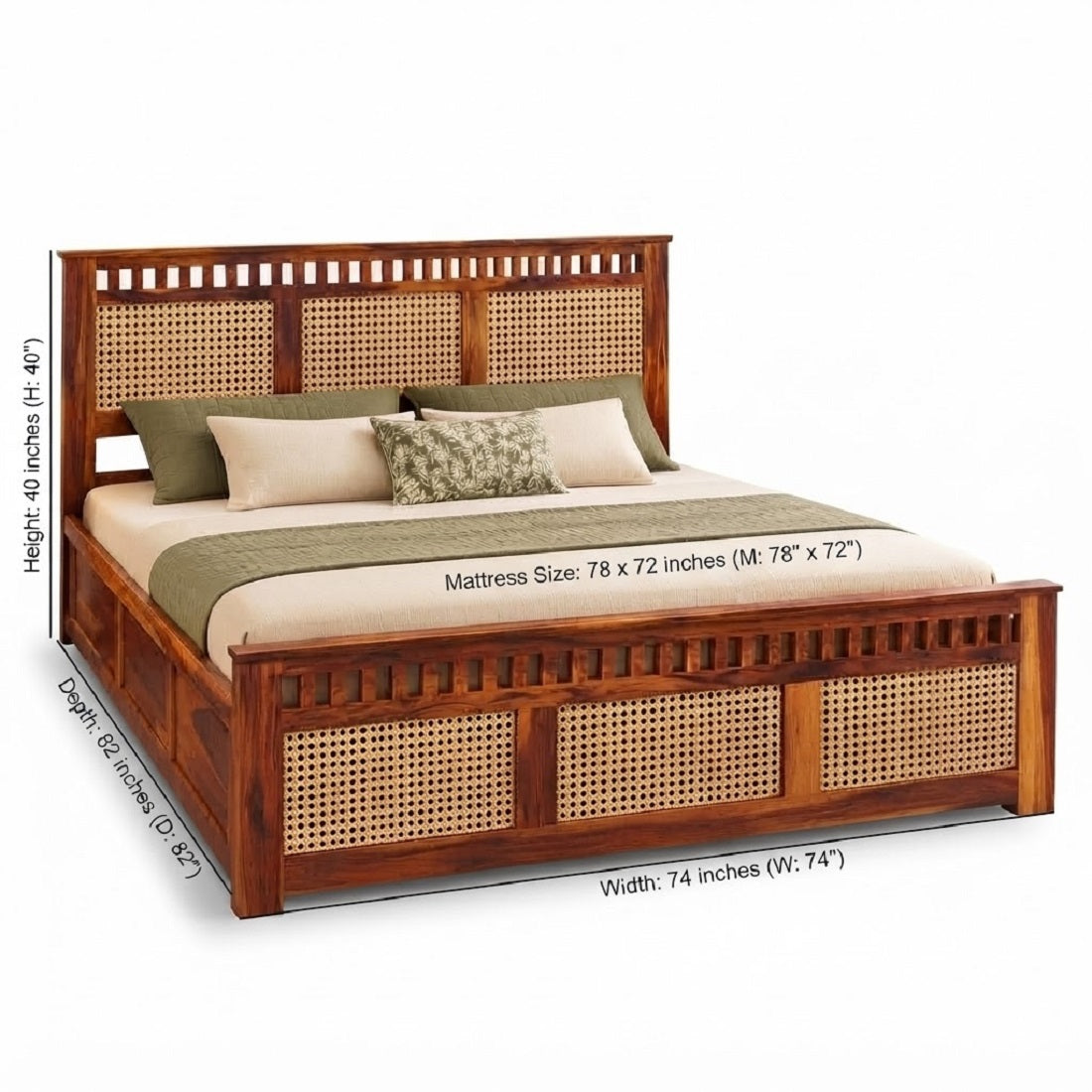 Homerange Solid Wood King Size Bed with Box Storage, Caning Design Headboard , Teak Finish