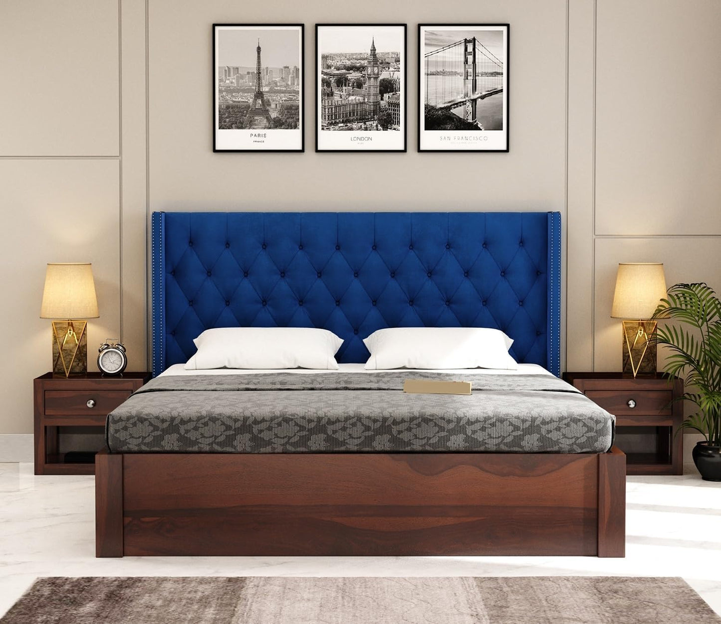 Sheesham Wood King Size Bed with Box Storage for Living Room with Upholstered Headboard