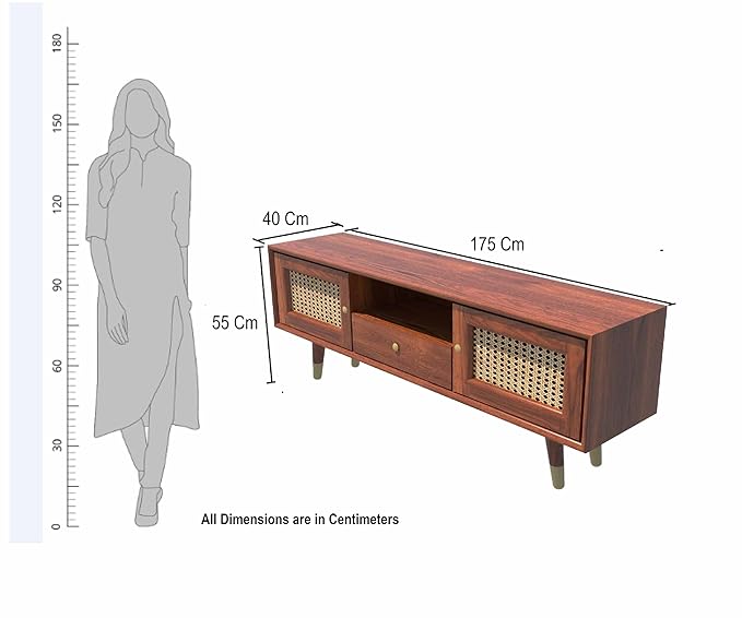 DEMIWALL Rattan Solid Wood Tv Unit with Cane Design in Brown Teak Finish