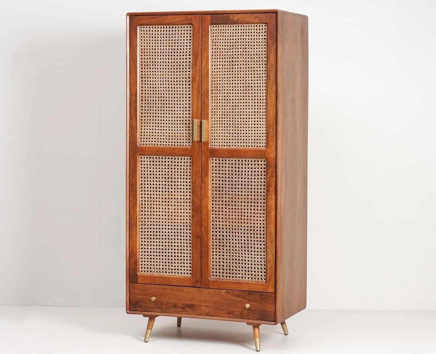 Solid Wood Rattan Cane Two Door Wardrobe In Teak Finish