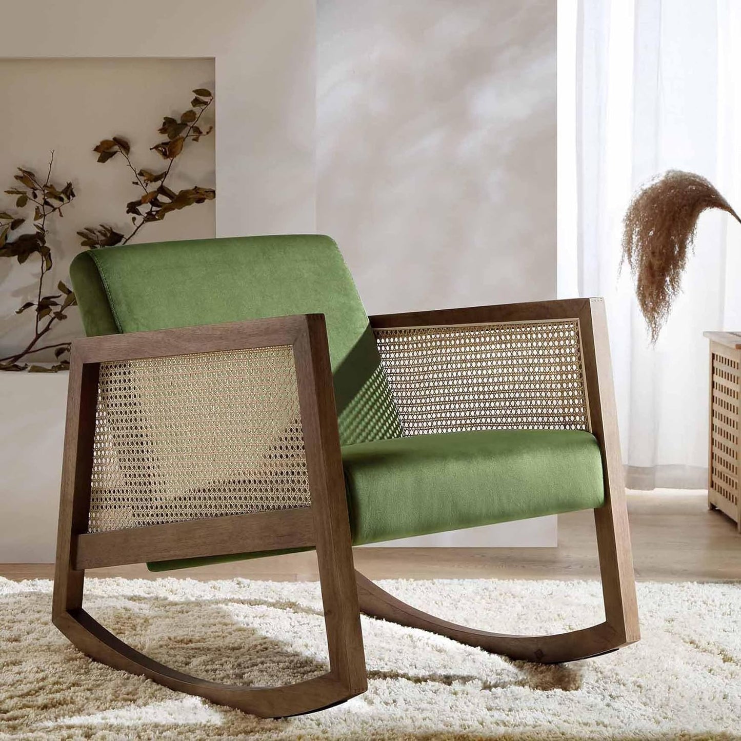 Roman Wooden Rattan Arm Chair Teak Wood Armchair for Living Room Bedroom (Dark Walnut) Mid-Century Modern Velvet Accent Chair