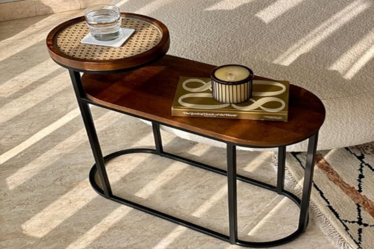 Charcoal Rattan Cane Side Table With Glass Top and Shelf – bohemian solid mango wood cane iron sofa side end two tier table office and living room