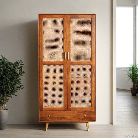 Solid Wood Rattan Cane Two Door Wardrobe In Teak Finish