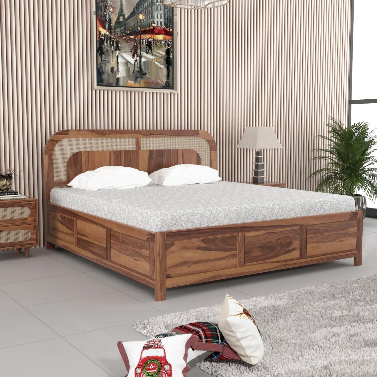 Sheesham Solid wood Rattan Cane King Size Box Storage Bed In Natural Teak Finish