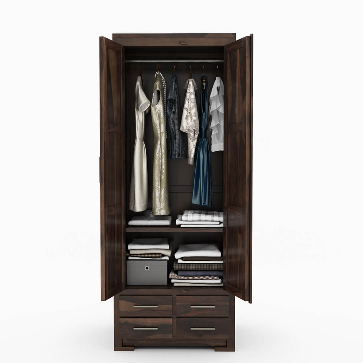 Royal Palace Wardrobe Solid Sheesham Wood Two Door With Four Drawers In Walnut Finish For Bedroom Furniture