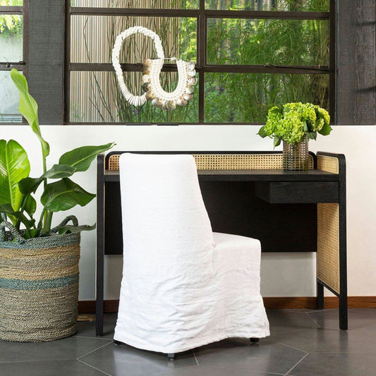 Solid Wood with woven cane Design Desk In Black Finish