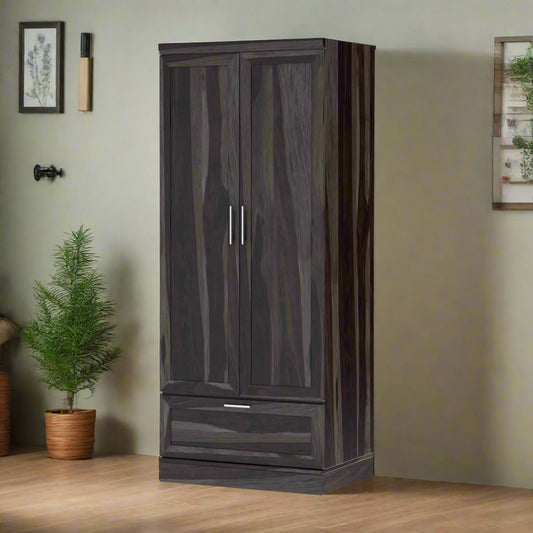 Royal Palace Wardrobe Solid Sheesham Wood Two Door With One Drawers  In Walnut Finish For Bedroom Furniture
