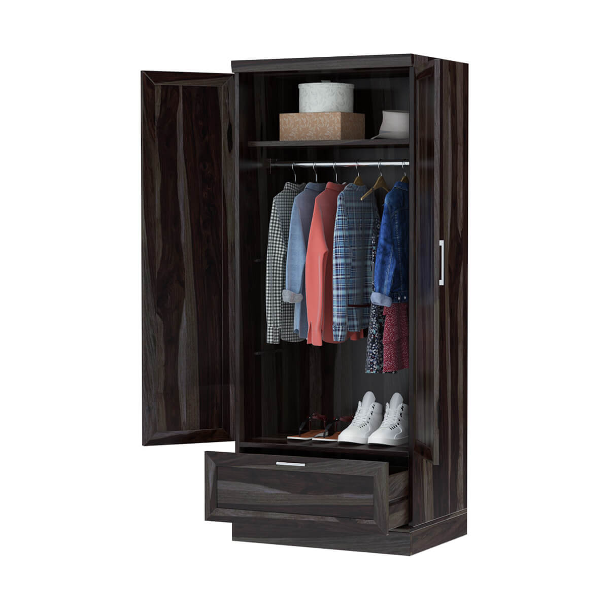 Royal Palace Wardrobe Solid Sheesham Wood Two Door With One Drawers In Walnut Finish For Bedroom Furniture