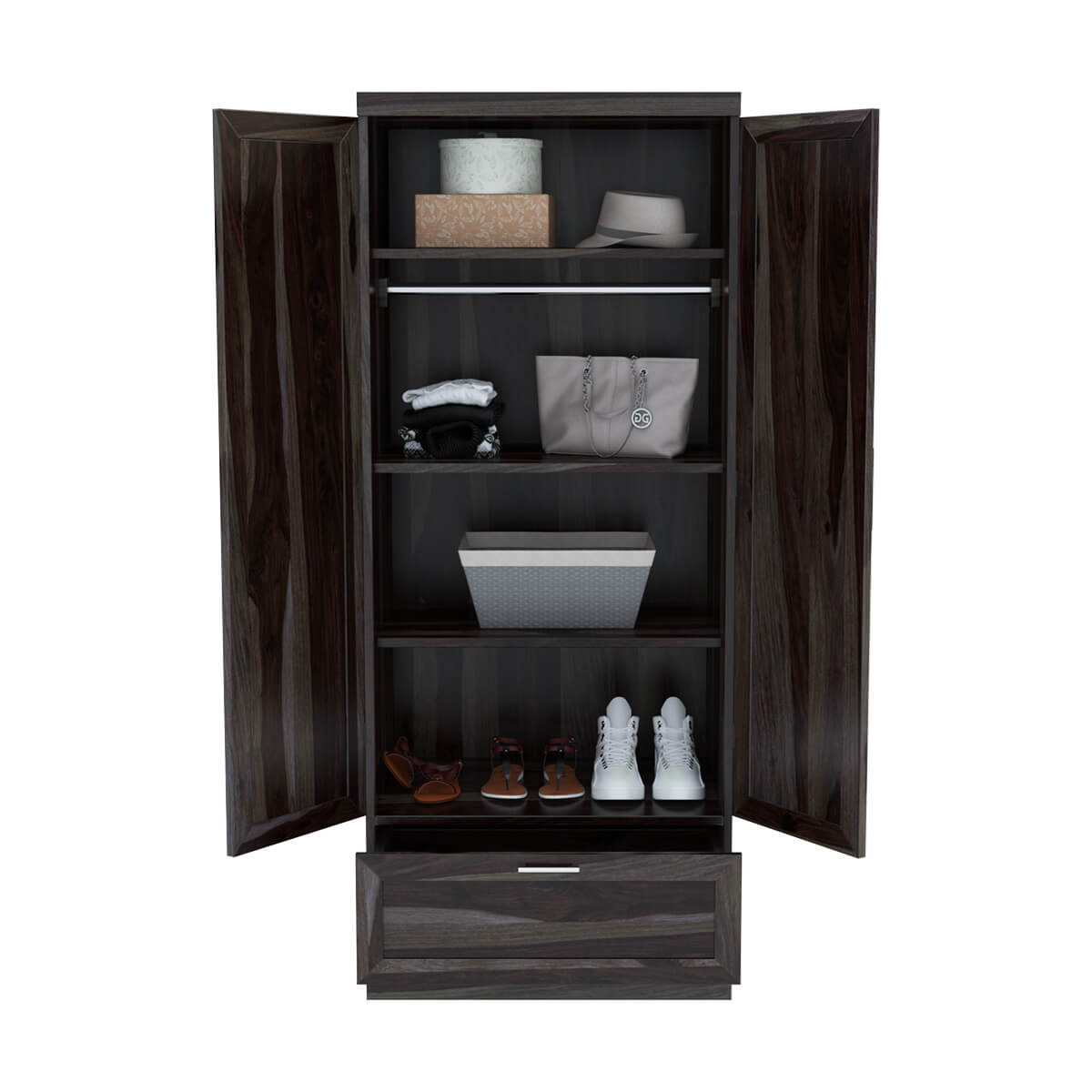 Royal Palace Wardrobe Solid Sheesham Wood Two Door With One Drawers In Walnut Finish For Bedroom Furniture