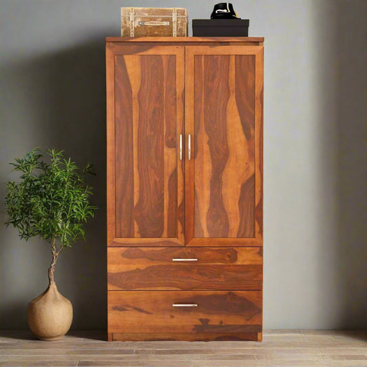 Royal Palace Wardrobe Solid Sheesham Wood Two Door With Two Drawers In Natural Finish For Bedroom Furniture