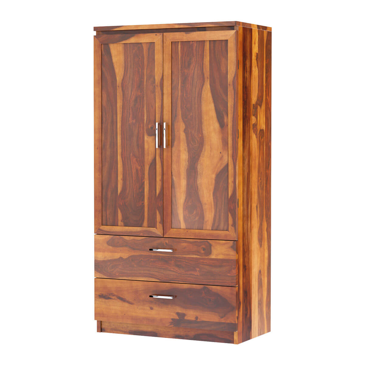 Royal Palace Wardrobe Solid Sheesham Wood Two Door With Two Drawers In Natural Finish For Bedroom Furniture