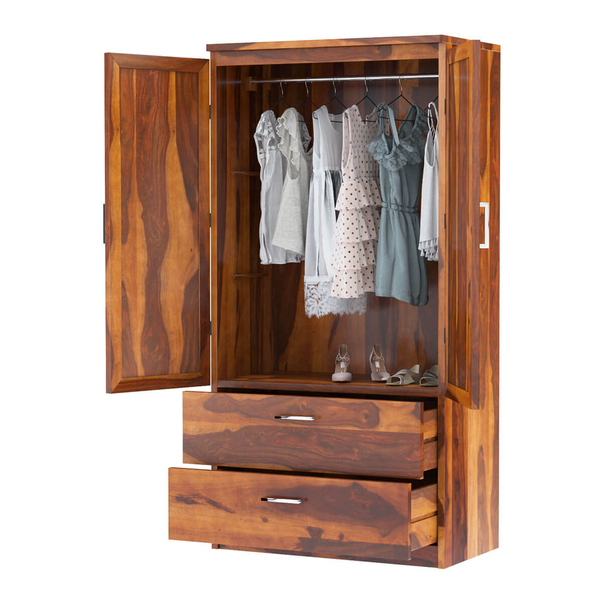 Royal Palace Wardrobe Solid Sheesham Wood Two Door With Two Drawers In Natural Finish For Bedroom Furniture