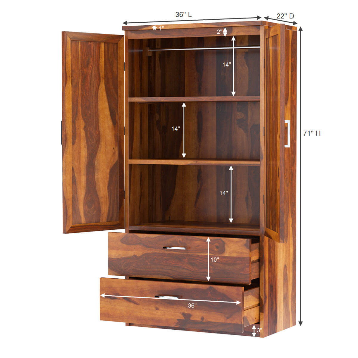 Royal Palace Wardrobe Solid Sheesham Wood Two Door With Two Drawers In Natural Finish For Bedroom Furniture