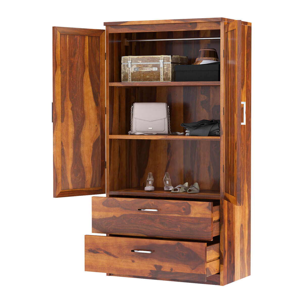 Royal Palace Wardrobe Solid Sheesham Wood Two Door With Two Drawers In Natural Finish For Bedroom Furniture