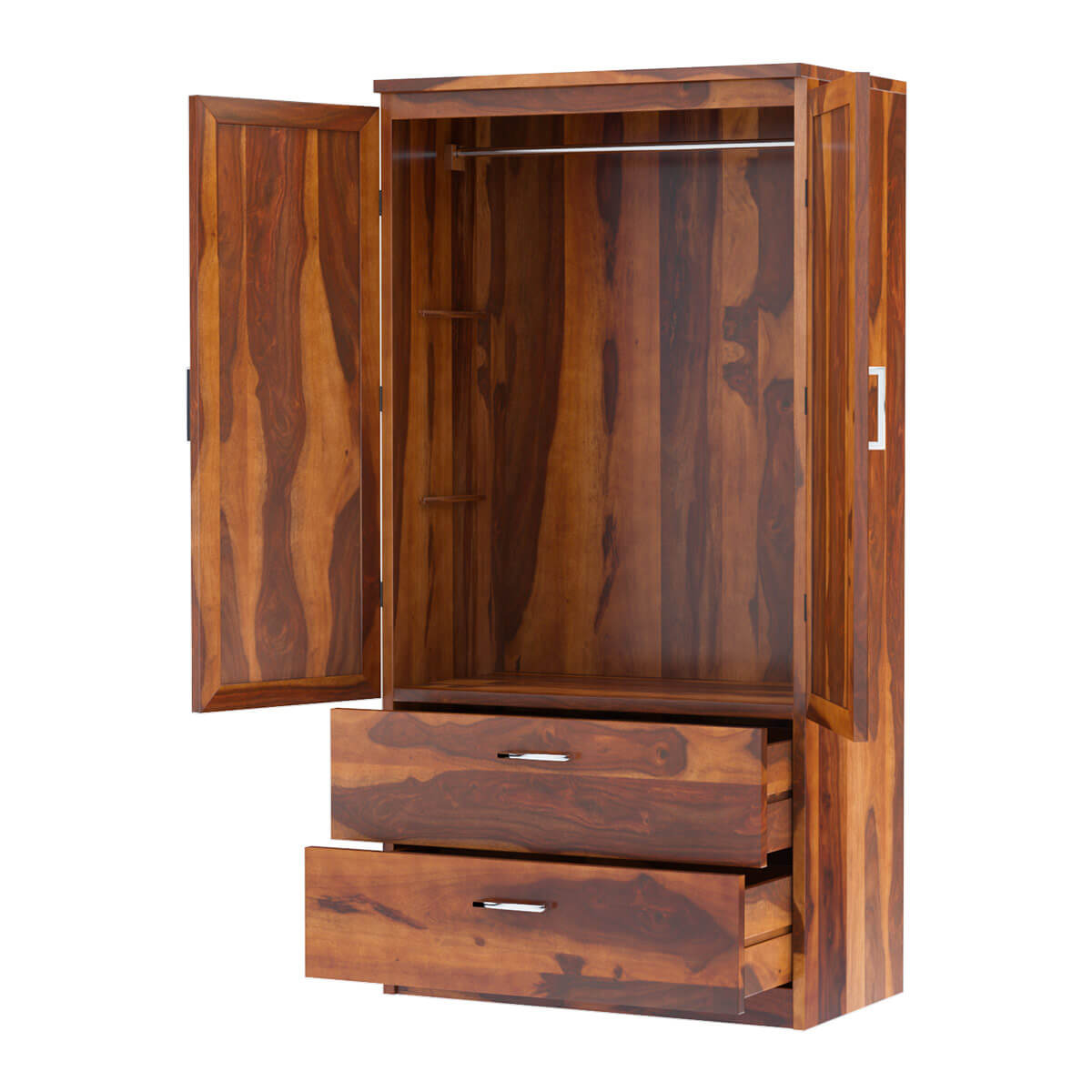 Royal Palace Wardrobe Solid Sheesham Wood Two Door With Two Drawers In Natural Finish For Bedroom Furniture