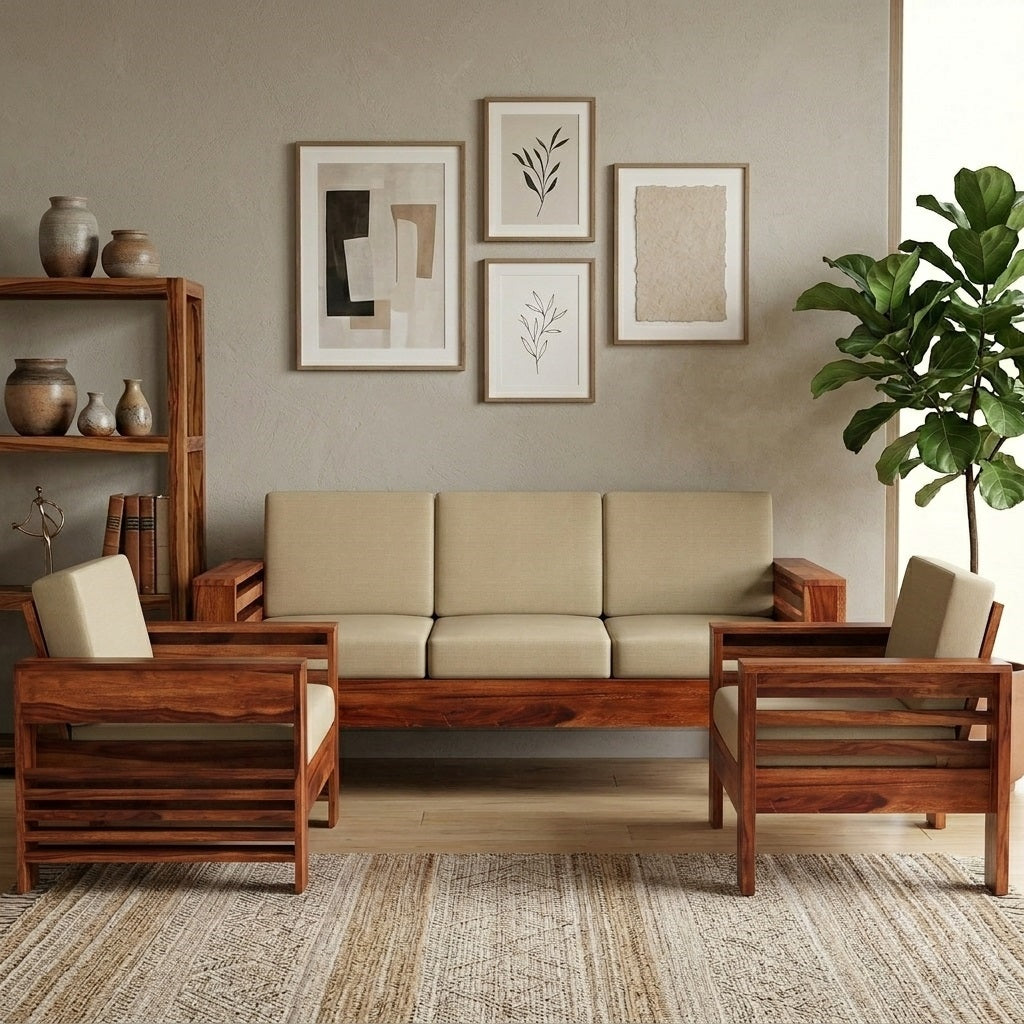 Wooden Sofa Set for Living Room and Office 5 Seater Natural Teak Finish