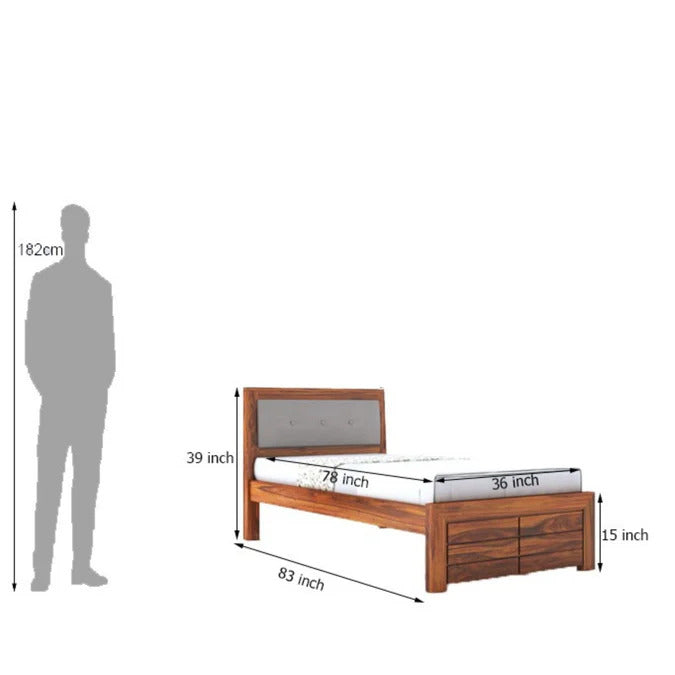 Solid Sheesham Wood Single Size Bed In Natural Finish For Bedroom Furniture