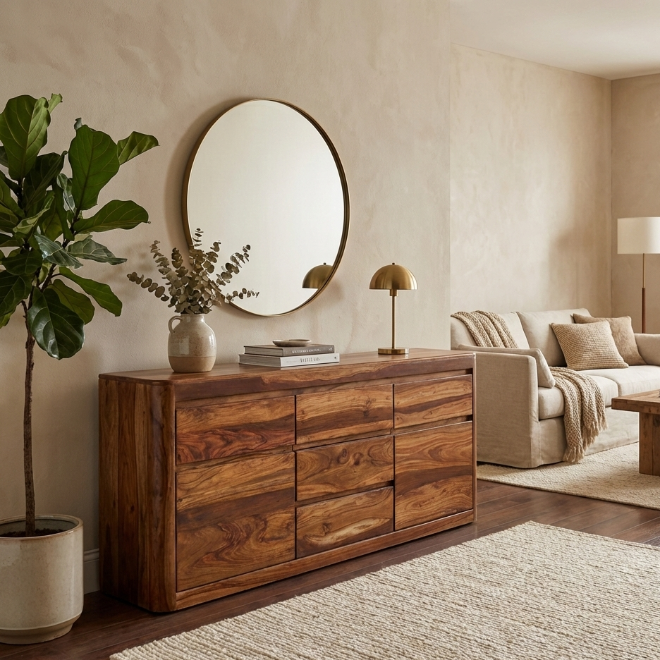 A warm-toned wooden dresser with six drawers stands in a styled living room next to a large potted plant and beneath a round wall mirror. A brass table lamp sits on top, and a beige sofa is visible in the background.